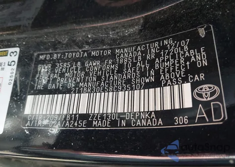 2008 Toyota Corolla Le из США, поврежденный, VIN 2T1BR30E58C935107